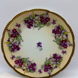 Antique Prussia B scalloped dish GOLD trim - Iris Dogwood Flowers Purple Green